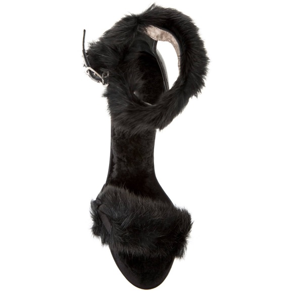 NIB Leon Max Elite Black Satin & Rabbit Fur Ankle Strap Heels Shoes - Picture 5 of 12